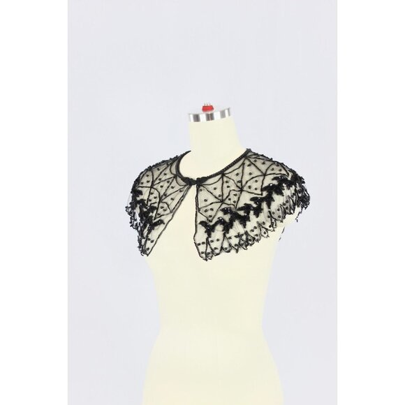 Vintage Black Beaded Sequin Embroidered Tulle Collar - Picture 4 of 14